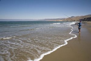 Man fishing along a beach.