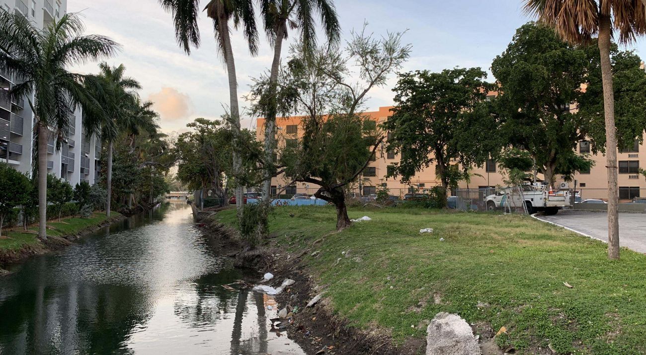 Creek running through an urban area.
