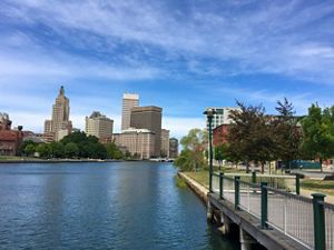 Waterfront view of the skyline of Providence, Rhode Island.