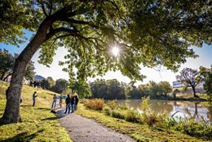 Volunteers gathered on a path alongside a pond at a park.