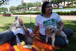 A couple sits with their dogs on the grass at a park.