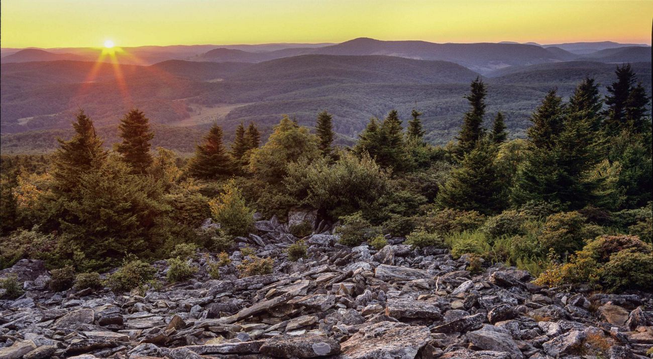 Sunrise view from atop a mountain.