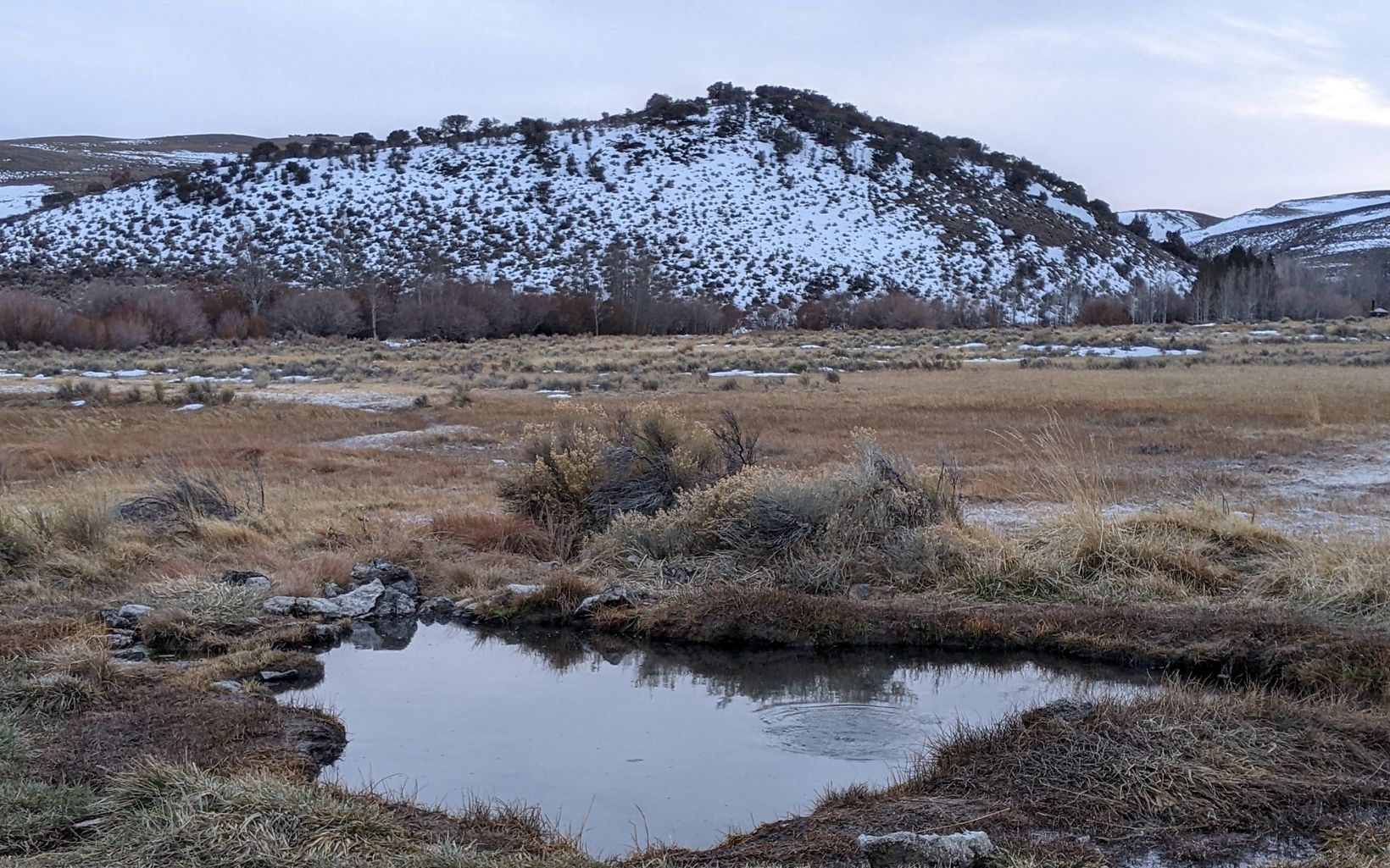 Hot springs in an arid field with a snowy hillside in the background.