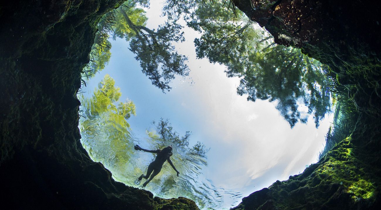 Swimmer in deep spring at Ichetucknee Springs State Park in Florida