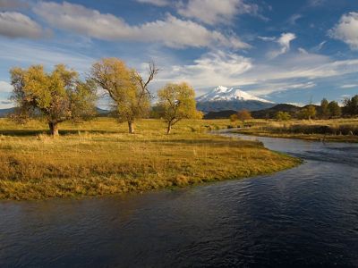 The Shasta River shown flowing through The Nature Conservancy's Shasta Big Springs Ranch below Mount Shasta in northern California.