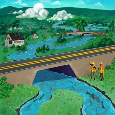 An illustration of two people in safety gear standing beside a road, examining a large culvert as blue floodwaters flow beneath it, with rain falling across a valley of homes, rivers and bridges.