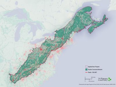 A map of the eastern U.S. showing the Appalachian region shaded in green, overlaid with red road networks and labeled program areas.