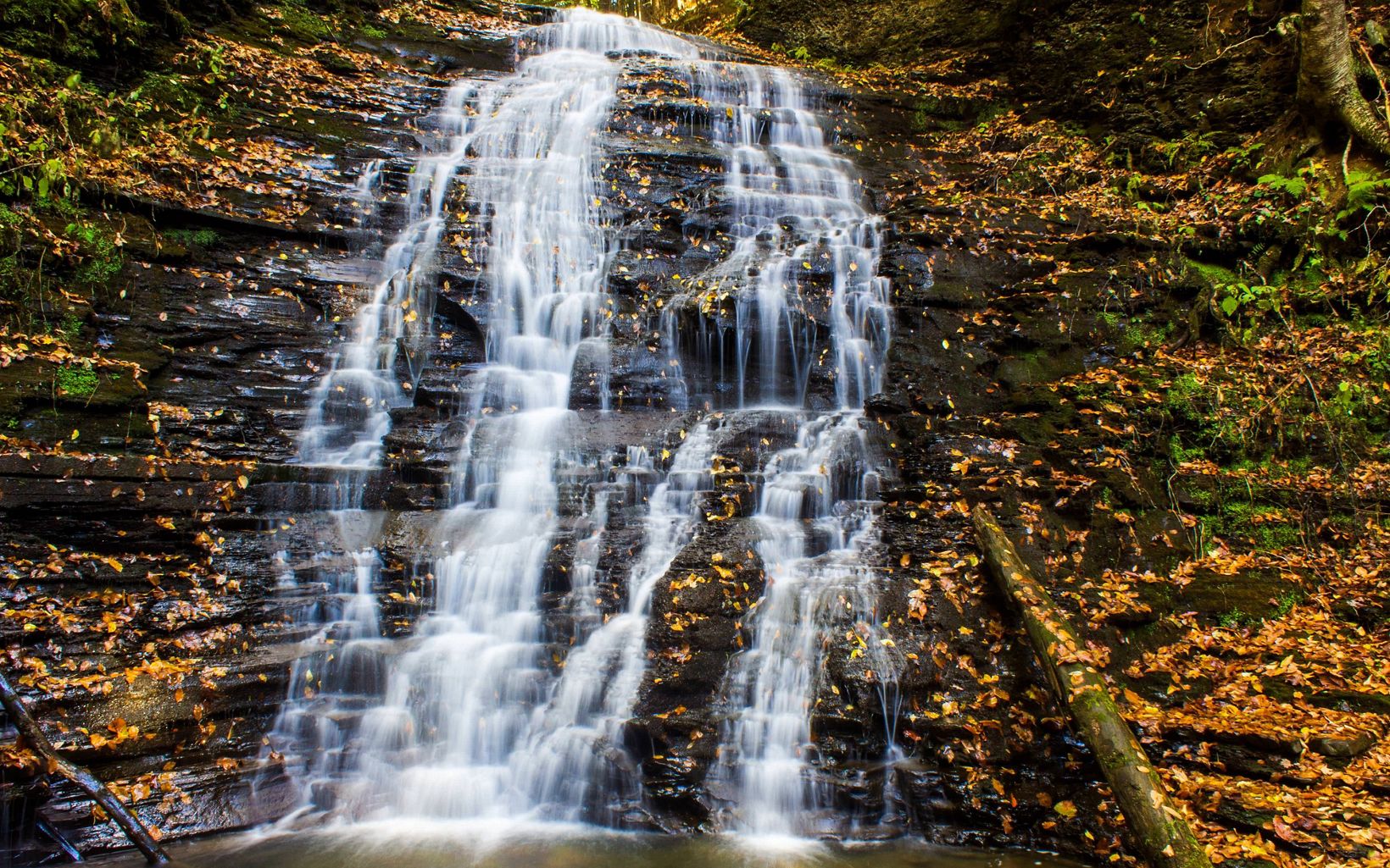 Fall view of waterfall with orange leaves on surrounding rocks.