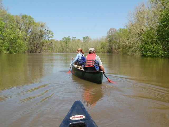 Two people guide a canoe through muddy water.