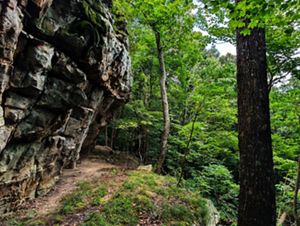 A rocky outcrop rises prominently above the surrounding landscape surrounded by forest.