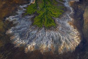 Aerial image of mud flats and tidal waters.