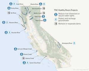 A map of California showing TNC's healthy rivers project areas.