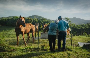 Two people stand in front of horses and green mountains.