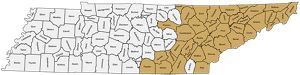 A map of hemlock woolly adelgid infested counties in Tennessee.