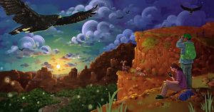 Colorful digital illustration showing two people on a canyon cliff with bighorn sheep in the mid ground and a hawk about during sunset.