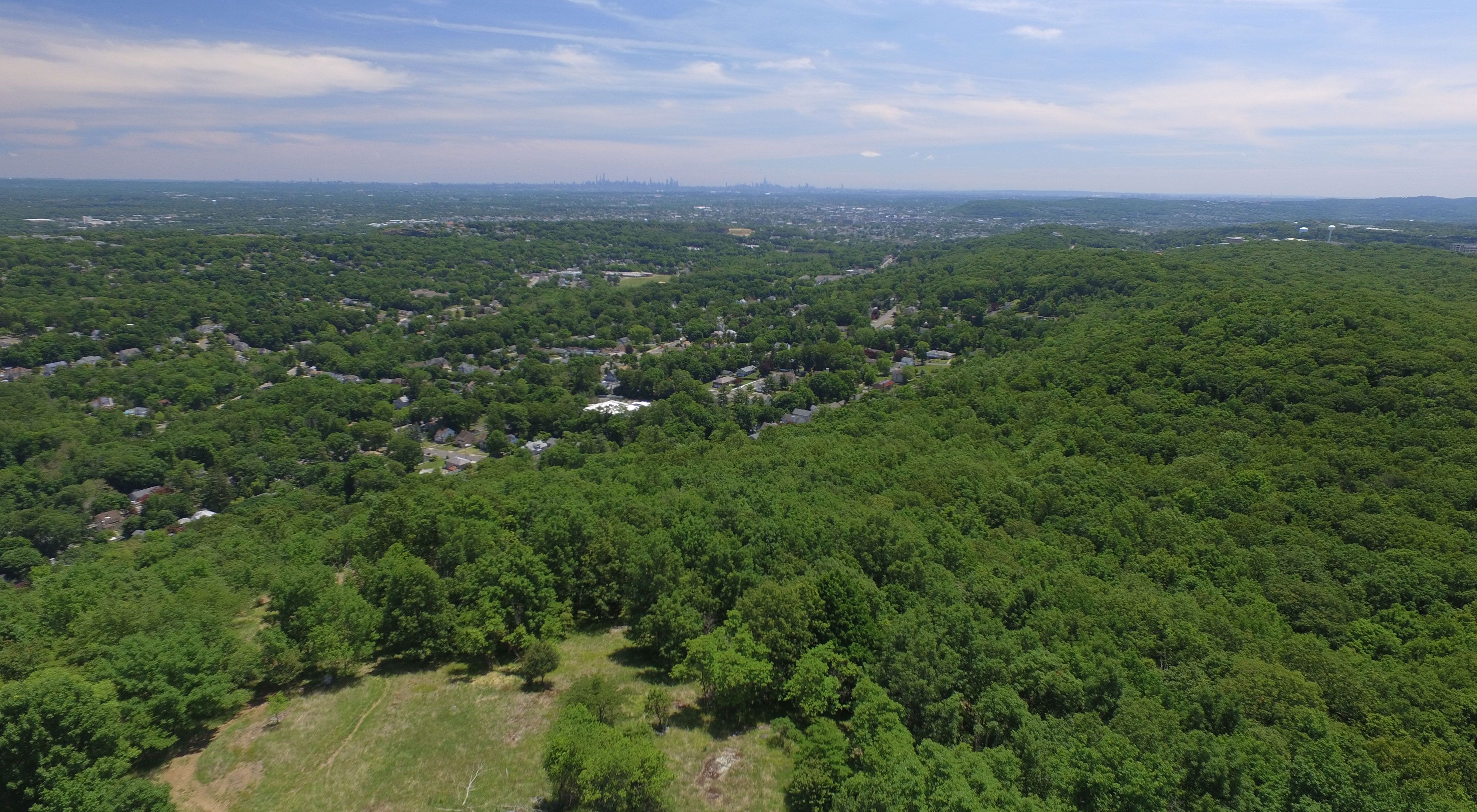 Aerial view of a wide, densely forested landscape interspersed with a few buildings.