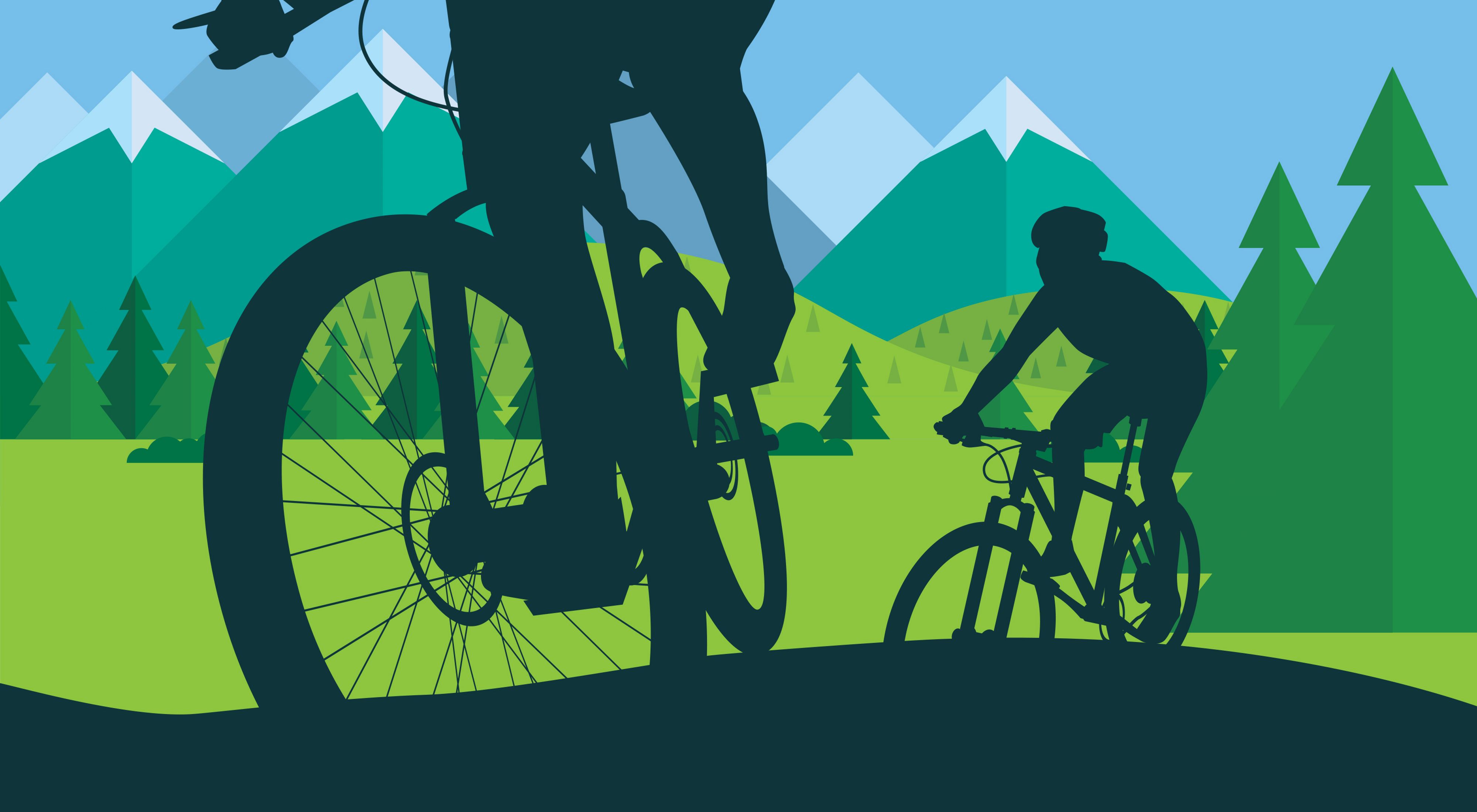 graphic of two bicyclists in the forest