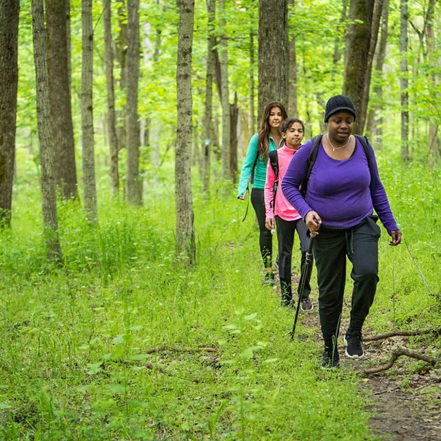 A group of hikers enjoys the Sally Brown-Crutcher Nature Preserve in the Kentucky River Palisades region.