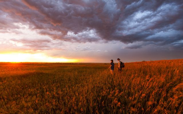 Hikers in the prairie after a thunderstorm near Strawberry Lake, North Dakota.