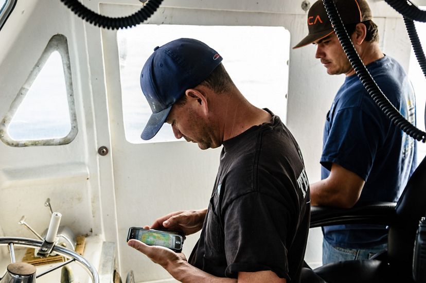 Un hombre en un barco pesquero mira una aplicación de teléfono celular con datos de pesca.