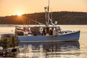 A fishing boat is lit from behind with golden sunlight.