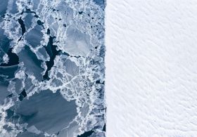Aerial view of frozen water and solid ice.