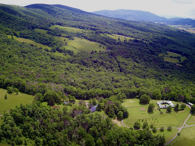 Aerial view of Hobby Horse Farm in the mountains of western Virginia.