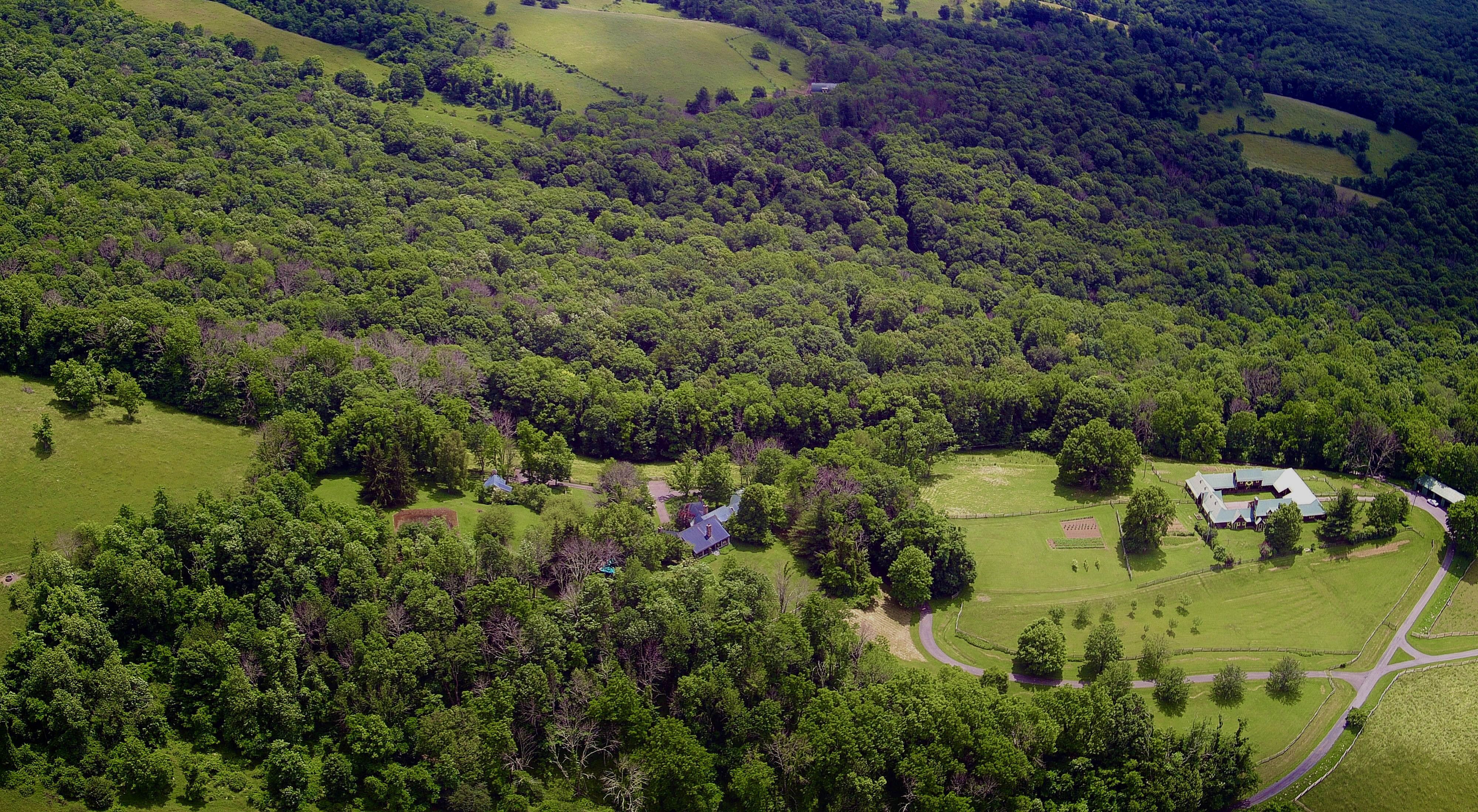 Aerial view of Hobby Horse Farm in the mountains of western Virginia.