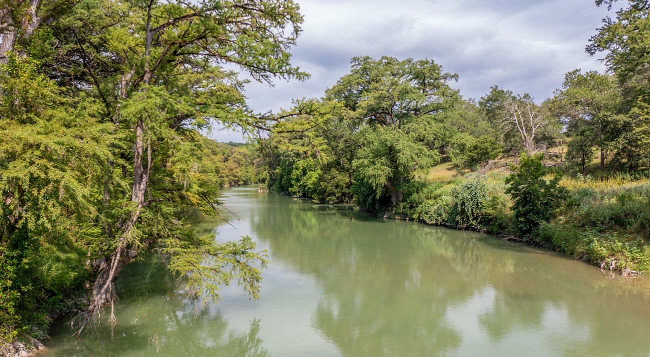 A green river lined with dense, green trees.