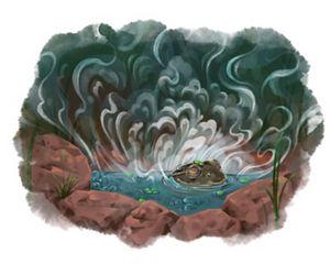 Illustration showing a frog in a hot spring with rocks around and steam coming off.
