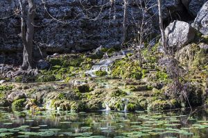 A stream falls over stacked rocks, flowing over moss and stone before meeting a river.