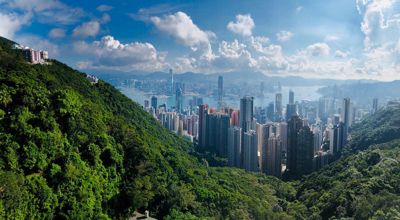 View of skyline of Hong Kong with forested mountain slopes in the foreground.