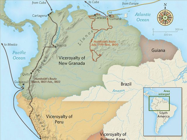 A map of Humboldt's route through Spain's colonial territory in the Americas.