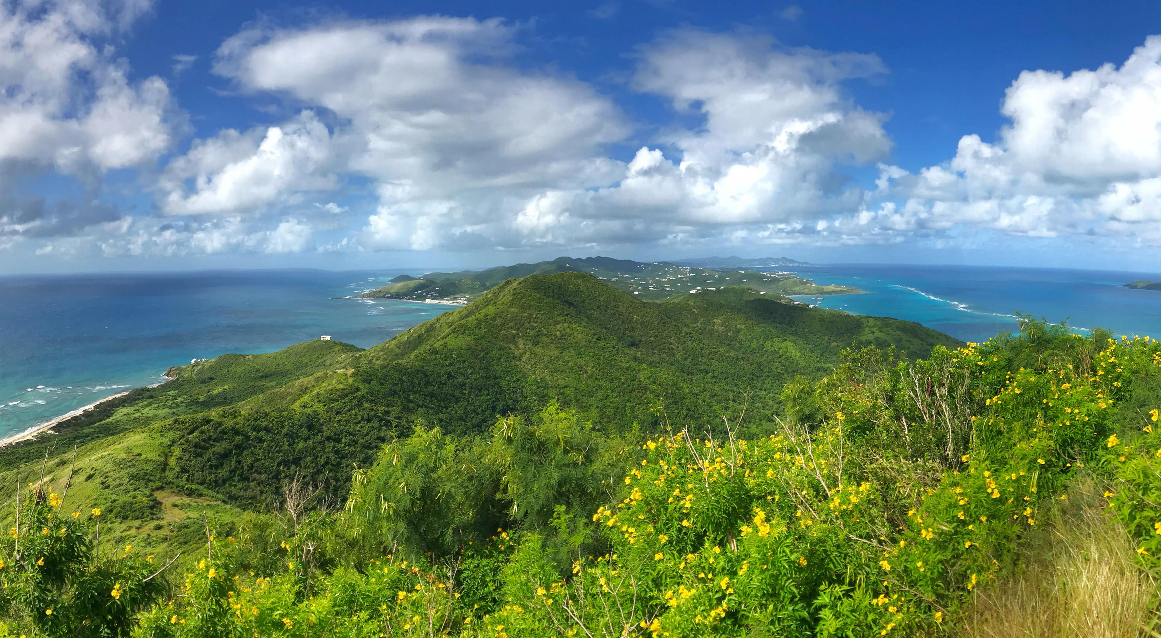 Landscape view from a high vantage point looking out across the island of St. Croix with its green tree-covered hills and blue ocean under a blue sky with white puffy clouds.