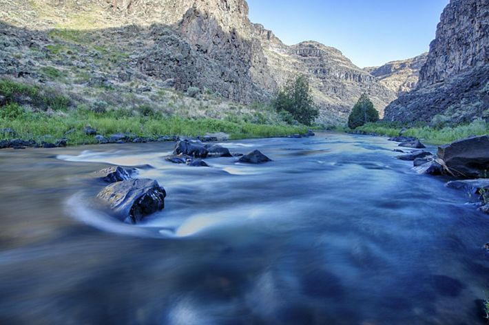 A rushing river in a narrow, mountainous canyon.