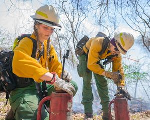 People with yellow uniforms conducting a prescribed burn.