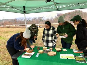 Five adults gather at an outdoor table and lean in to look at tree rings and pamphlets that are on the tabletop.