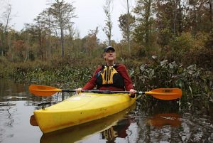 A man floats in a yellow kayak, looking up into the trees that surround the wide, calm creek.