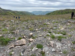 A field of compacted dirt and rubble in a former mineland gives way to a grassy restored area ringed by tree covered hills.
