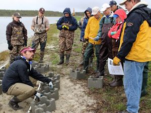 A group of eight people form a semi-circle around a man crouching on the sandy edge of an inlet. He is pointing to and describing how large concrete block oyster castles form new reefs.