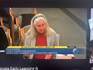 Screen shot of Maud Daudon testifying at a Senate hearing.