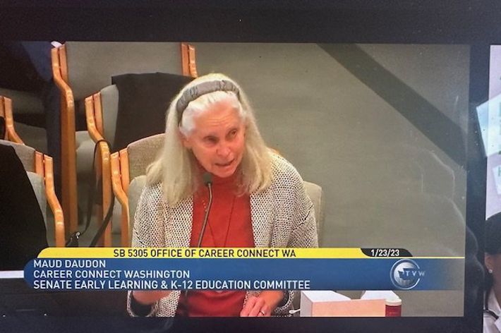 Screen shot of Maud Daudon testifying at a Senate hearing.