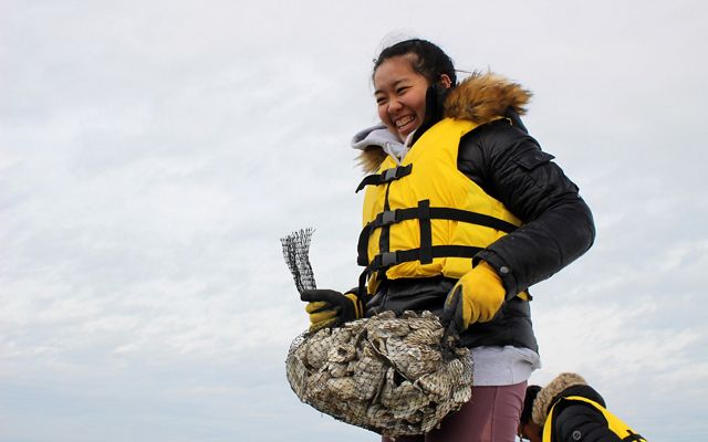 A woman holds a mesh back full of loose oyster shells.