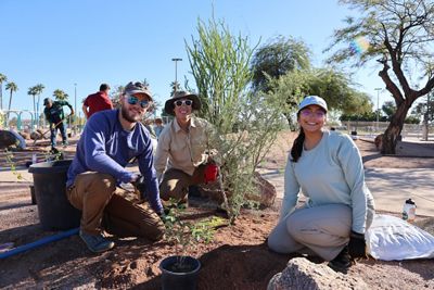 Three people pose together as they sit on the ground planting a tree.