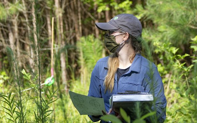 A woman wearing a face mask is shown in profile looking off to her right. She holds a clipboard and papers for recording field observations.
