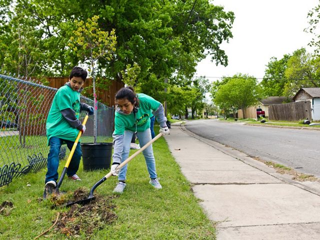 Children take part in a tree planting in Dallas, Texas.