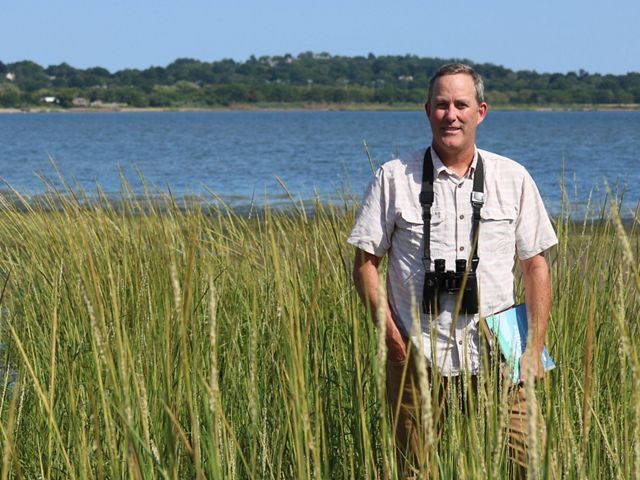 Man standing in marsh with binoculars.