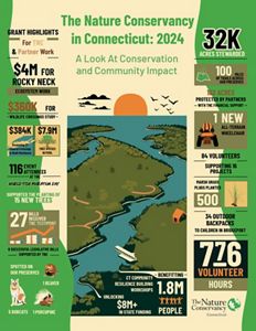 A colorful infographic titled The Nature Conservancy in Connecticut: 2025. It highlights 32,000 acres stewarded, 1,550 volunteer hours and mapping 5.63 million acres for snow leopard research.
