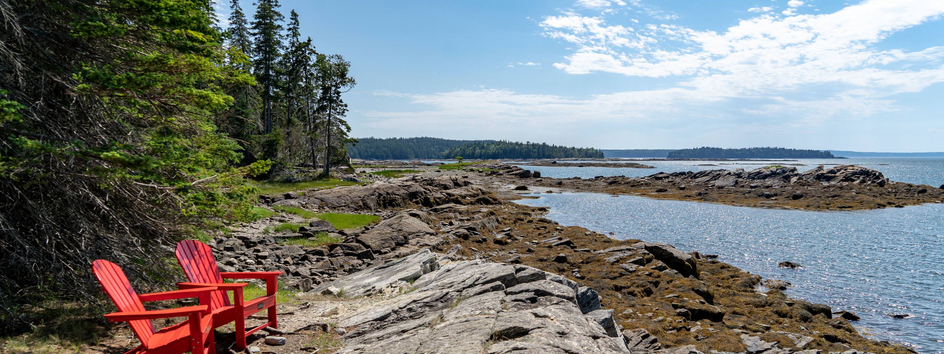 View along the rocky shoreline on the Maine coast.