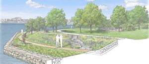 Artistic rendering of a waterfront park with grassy areas, trees and walkways.